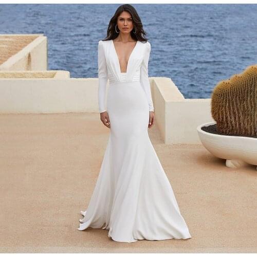 Mermaid Satin Long Sleeves Wedding Party Gowns Simple Open Back Deep V-Neck Beach Buttons Custom Made Ruched Bridal Dress