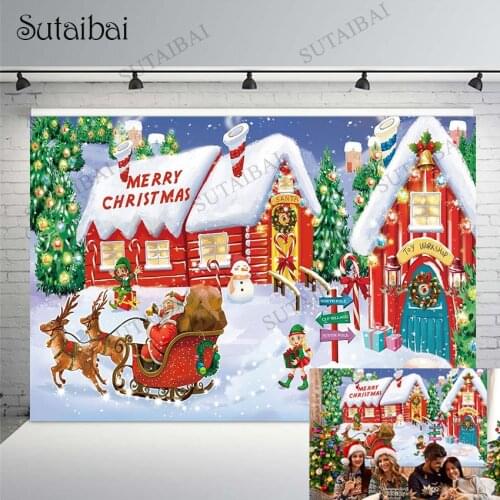 Merry Christmas Backdrop Santas Village Toy Workshop Xmas Tree Gifts Snowman Decoration Winter Snow Photo Booth Background