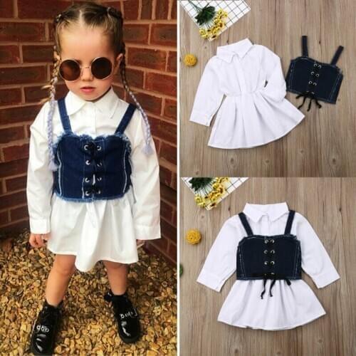 Toddler Baby Girls Kids Suspender Long Sleeve Shirt Denim Skirt Dress Clothes Set