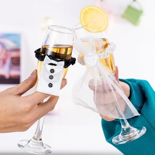 2Pcs/Lot Champagne Glass Bottles Cover Wedding Bride Groom Dress Wine Cups Wraps Wedding Party Events Ornaments DIY Decoration