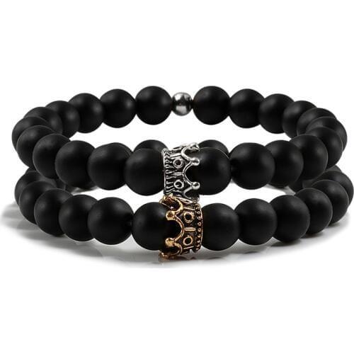Trendy Black Natural Stone Beaded Bracelet King Queen Crown Men Women Energy Bracelets Chain Rope Hand Jewelry Couple Yoga Gift