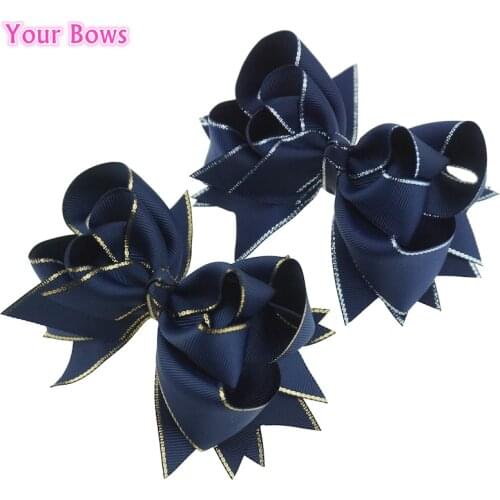 Your Bows 1PC 5 Inches Navy Boutique Hair Bows Girls Hairpins Solid Grosgrain Ribbon Bows For Girls Hair Accessories
