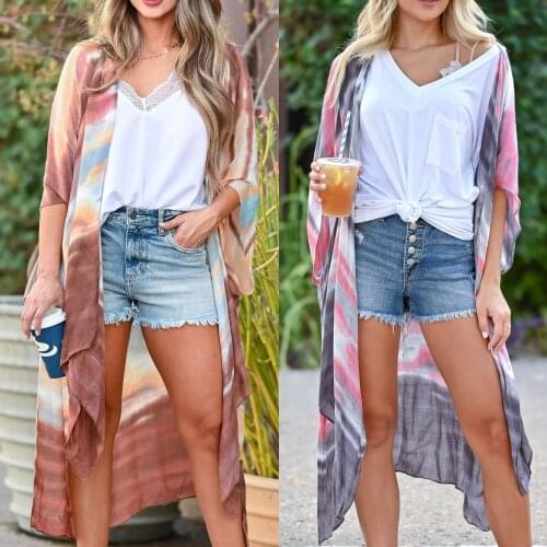 Summer Beach Cardigan Blouse Women Color stitching Shawl Outwear Oversized Chiffon Kimono Long Jacket Top Mid-Sleeve Loose Shirt