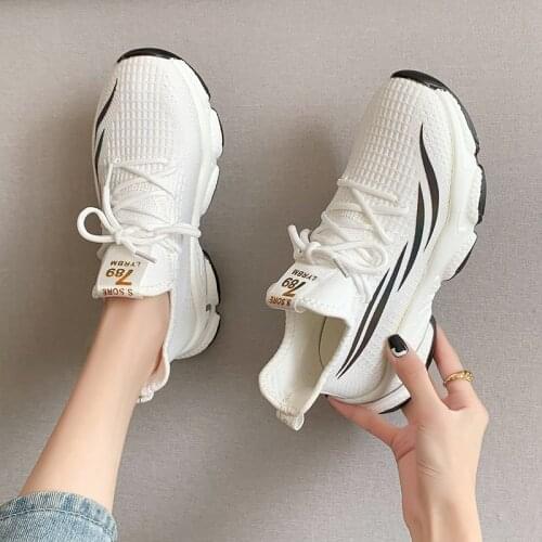 New Autumn Air Mesh Sneakers 2021 Thick Flat Platform Striped Lace-up Hollow Comfortable Breathble Womens Sports Shoes