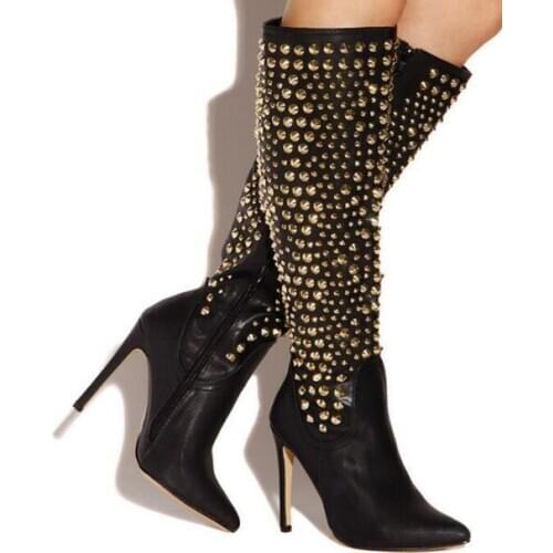Golden Rivets Studs Black/beige Knee High Boots Stiletto Heels Pointed toe Ladies Spring Metal Spikes Leather Long Boots