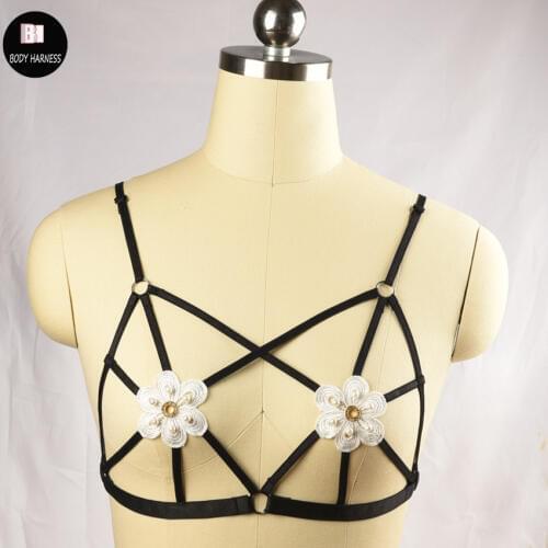 Women Kawaii Gothic body harness white Flower bondage lingerie sexy harness cage bra wedding pole dance body harness bra belt