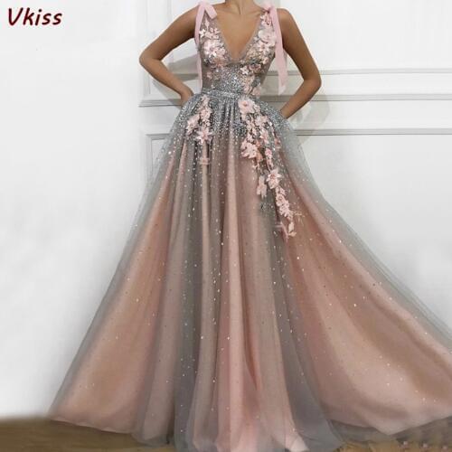 2020 Flesh Pink Tulle Prom Maxi Dresses Elegant Women Formal Party Night Long Appliqus Robes Elegant Evening Gowns Vestidos Gala