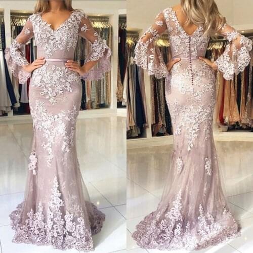 Pink Mother of the Bride Dresses for Weddings Lace Mermaid Prom Dresses V Neck Long Sleeves Elegant Evening Wear vestidos