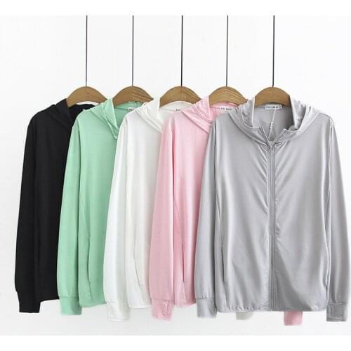 2020 Spring Summer Oversize Women Knit Fabric Stretch Sun protection clothing Thin Coat Hooded Zipper Long sleeve Outerwear G964