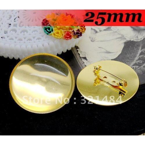 Free ship!25mm 200PCS Gold Plated Round Cameo Cabochon Setting Brooches brooch base blanks trays bezel
