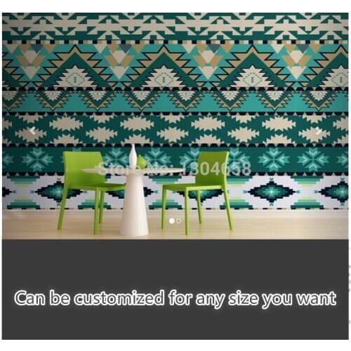 Free shipping custom large living room sofa bedroom wall mural wallpaper background Green Aztec Pattern Wall Mural