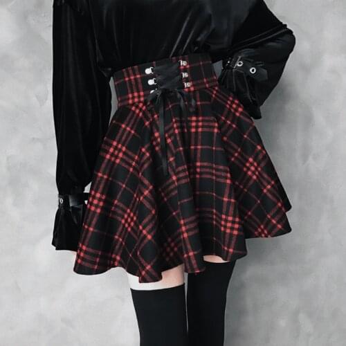 Black Red Plaid Pleated Mini Woolen Goth Skirt Women Y2k 90s Aesthetic High Waist Lace Up Kawaii Skirts for Teen Girls Clohtes