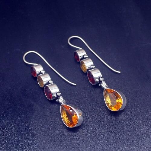 Gemstonefactory Big Promotion Single Unique 925 Silver Honey Topaz Red Garnet Women Ladies Gifts Dangle Drop Earrings 20211778