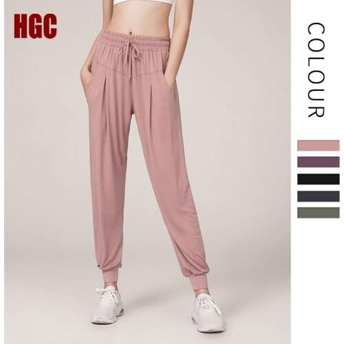 HGC Women Yoga Pants Pocket Loose Casual Sport Trousers Running Quick Drying Gym Workout Fitness High Waist Leisure Leggings