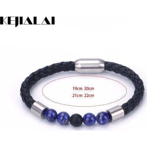 KEJIALAI 8mm Multi Colors Natural Semi Precious Stone Bead Stainless Steel Charms Black Leather Best Unisex Bracelet B5001