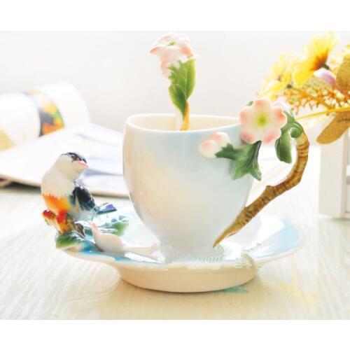 New Arrival Flower Birds Coffee Cups with Spoon Milk Breakfast Cup with Saucer 3D Bone China Ceramic Drinkware Best Lovers Gift