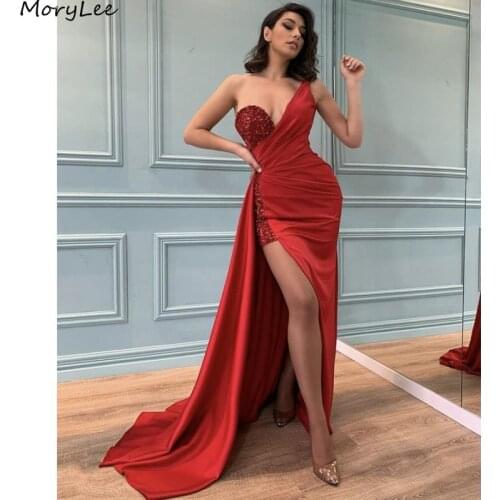 Red Prom Dresses One Shoulder Spandex Satin Side Slit Mermaid Prom Dresses With Zipper Back vestidos de fiesta de noche