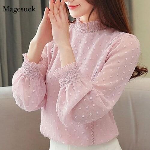 Fashion Elegant Stand Collar New 2020 Women Chiffon Blouses Long Sleeve Casual Women Tops Embroidery Women Clothing 5401 50