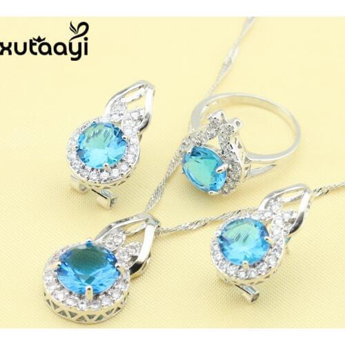 Fashion Silver Jewelry Sets For Women Blue Zircon Sweet Necklace Rings Earrings Christmas Gift
