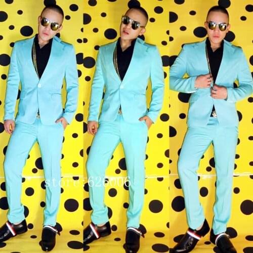 New Fashion Original Nightclub Male DJ singer GD BIGBANG light green Slim Suit Costumes Party show stage suits mens set