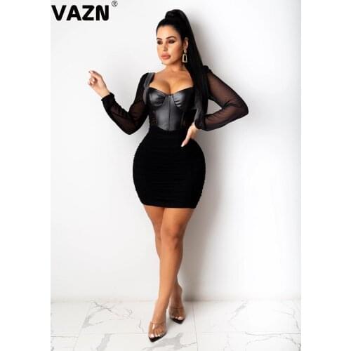 VAZN 2020 Autumn New Patchwork Leather Little Chap Sexy Daily Sweet Solid Full Sleeve Women High Waist Thin Midi Dress
