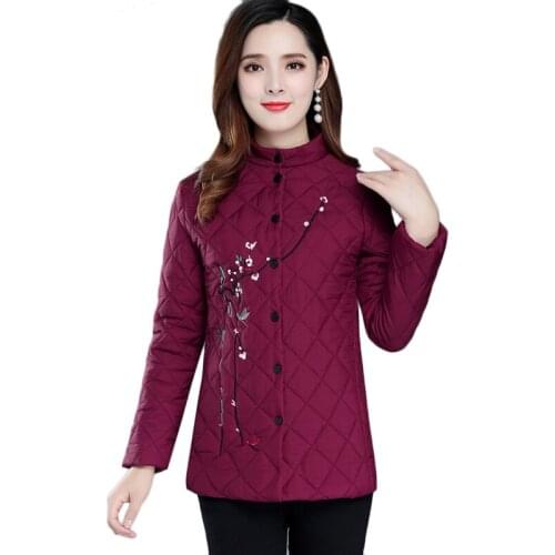 New Autumn Winter Clothes Embroidered Cotton Jacket Long Middle-aged Womens Warm Shirt Cotton Jacket Parka Plus Size Outerwear