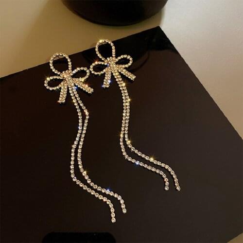 Origin Summer Luxury Shiny Bow-knot Long Tassel Dangle Earring for Women Rhinestone Gold Hollow Out Party Earring Jewellery