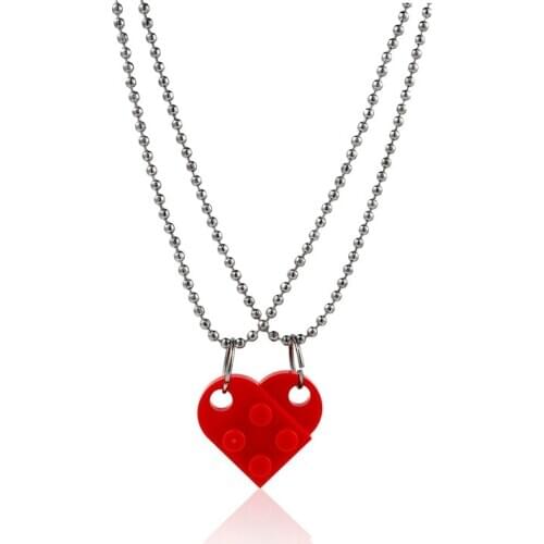 2Pcs Cute Love Heart Brick Lego Pendant Necklace for Couples Friendship Women Men Girl Boy Elements Valentines Day Jewelry Gift