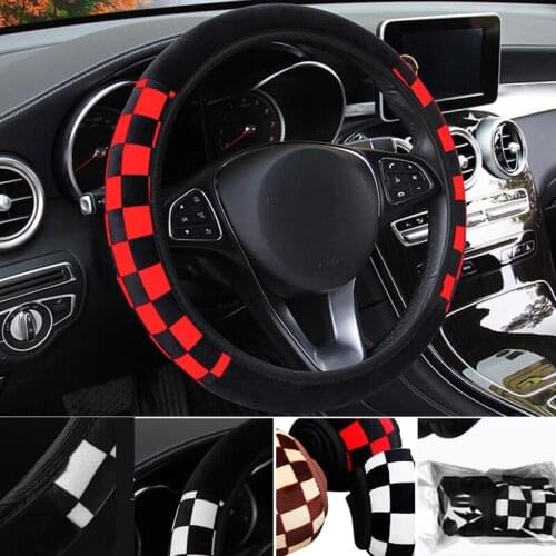Black And White Plaid Car Steering Wheel Cover Universal Diameter 38cm Car Accessories Auto Steering Covers Plush