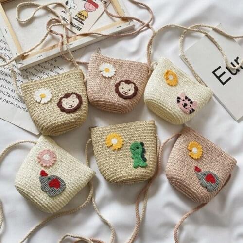 Korean Girls Hand-Woven Rattan Zipper Bag Straw Knitted Clutch Handbag Purse Crossbody Summer Beach Mini cartoon Handbag Women