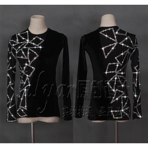 Latin Dance Shirts Men Flamenco Long Sleeve Round Neck Sequin Middle East Diamond Tops Ballroom Shirt Performance Wear