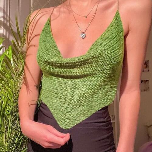 Ruched Halter Knit Crop Tops Summer Chic Green Camisoles Womens Backless Tie Up Tops Party Club Streetwear Lady Vest