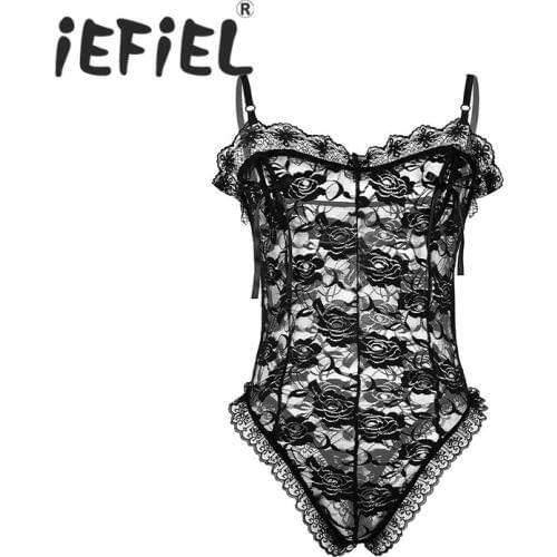 Sexy Male Mens One-Piece Crossdress Lingerie Floral Lace See Through Mesh Sissy Pouch Bodysuit Sexy Mens Lingerie Nightwear