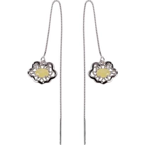 S925 sterling silver natural amber hanging earrings retro national trend hollow Ruyi Lady long earrings