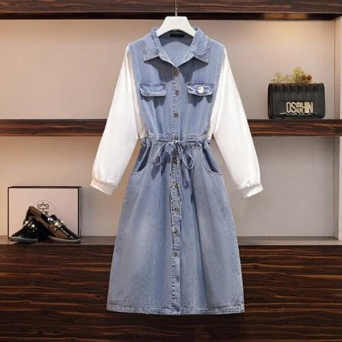 Dress Plus Size Womens Autumn 2020 Stitching Denim Dress Midi Long Sleeve Fashion Casual Embroidery Jeans Shirt Vestidos Y077