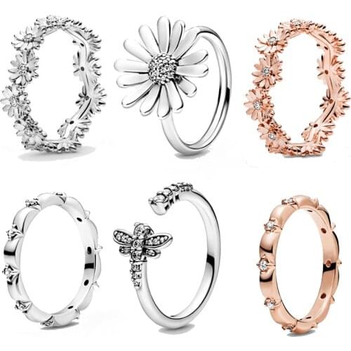 2020 Spring NEW 925 Sterling Silver Pave Rose Golden Rings Daisy Flower Petals Band Rings Dragonfly Open Rings Women Gift