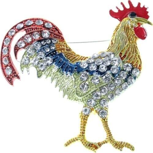 50mm Vintage Golden Plated Animal Rooster Rhinestone Brooches Pins Enamel Cock Brooch Pin for Men