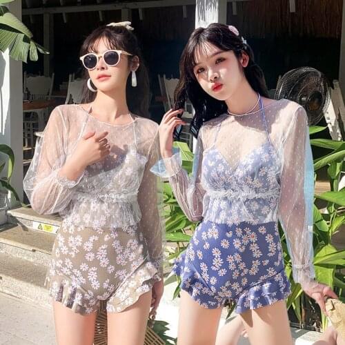 One Piece Swimsuit Mesh Long Sleeve Swimwear Women 2021 Floral Monokini Backless Bathing Suits Sexy Bodysuit Female Beachwear
