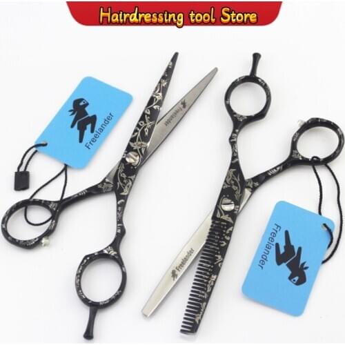 "Freelander and Meticulous Workmanship Black Pattern Paint Hairdressing Scissors Japan 6.0 Inch 440C Durable and Model Number"
