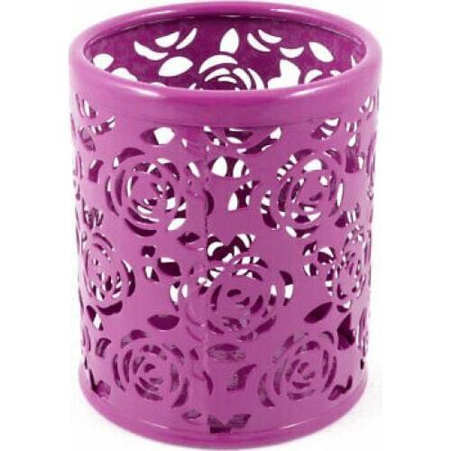 Fuchsia Hollow Rose Flower Pattern Metal Pen Pencil Pot Holder Organizer