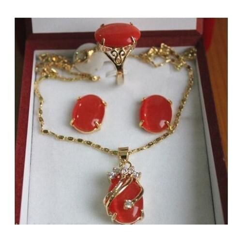 Lucky Womens New red JADE Inlay Crystal pendant Necklace ring earring NO BOX