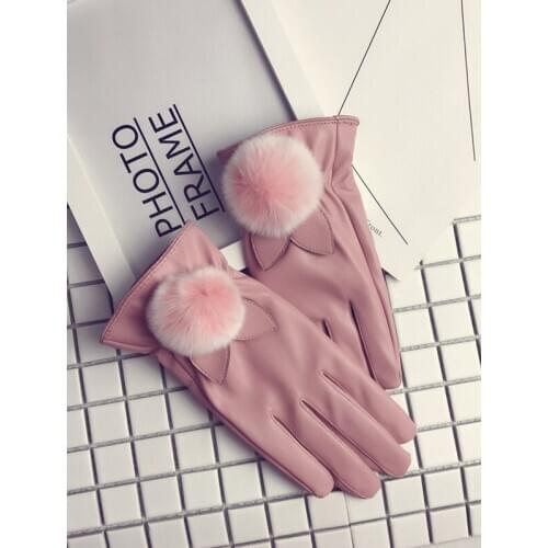 Leather Gloves Ladies Real Rex Rabbit Fur Ball Gloves Cute and Warm Plus Thick Velvet Touch Screen Waterproof Goth Gloves