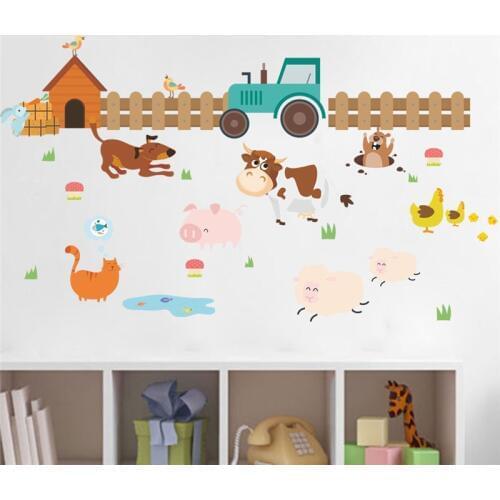 Cartoon Farm Animals Wall Stickers Kids Room Decoration Dog Cow Chick Mural Art Diy Home Decals Posters Children Gift