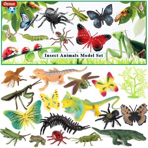Oenux Emulational Insect Animal Set Butterfly Bee Mantis Spider Dragonfly Action Figures Model Miniature Early Education Kid Toy