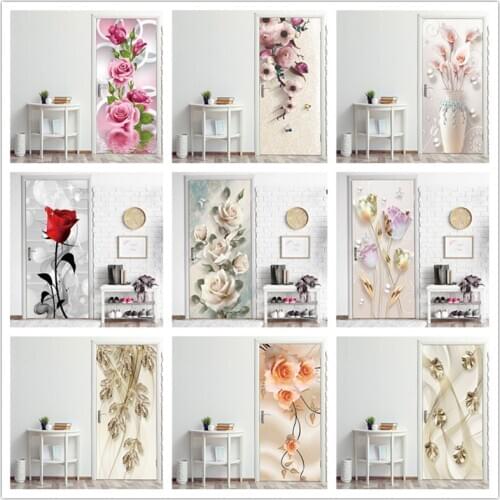 Fresh Flower Art Door Poster Waterproof Vinyl Wall Papers For Girl Room Home Decor Renovation Self Adhesive Door Sticker Mural
