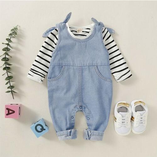 US Newborn Baby Boy Girl Clothes Long Sleeve Top Shirt Jeans Strap Pants Outfit Clothes Set 0-18 months