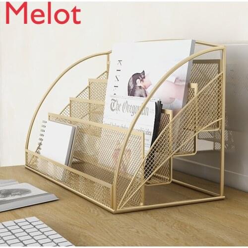 Bookshelf Desktop Storage Organizer Shelf Iron Metal Simple Home Magazine Table Small Bookshelf Desktop Storage Rack Gold