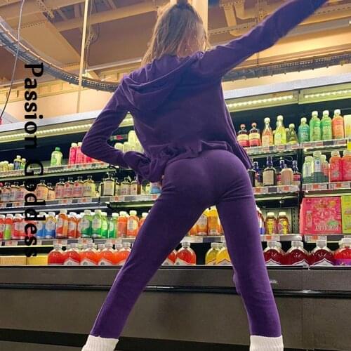 Fall Cute Women 2 Piece Soft Velvet Sets Ruffles Hem Hooded Zipper Sweatshirts Jackets High Waist Pencil Pants Two Piece Outfits