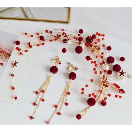 Red Pearl Crystal Headbands With Earrings Wedding Hair Accessories Handmade Hair Decoration Head Wear Hair Ornament For Bride