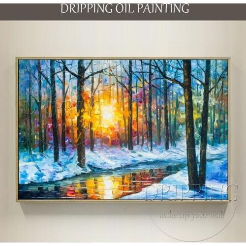 Top Artist Hand-painted Colorful Winter Landscape Oil Painting Abstract Winter Snow Oil Painting Palette Knife Oil Painting
